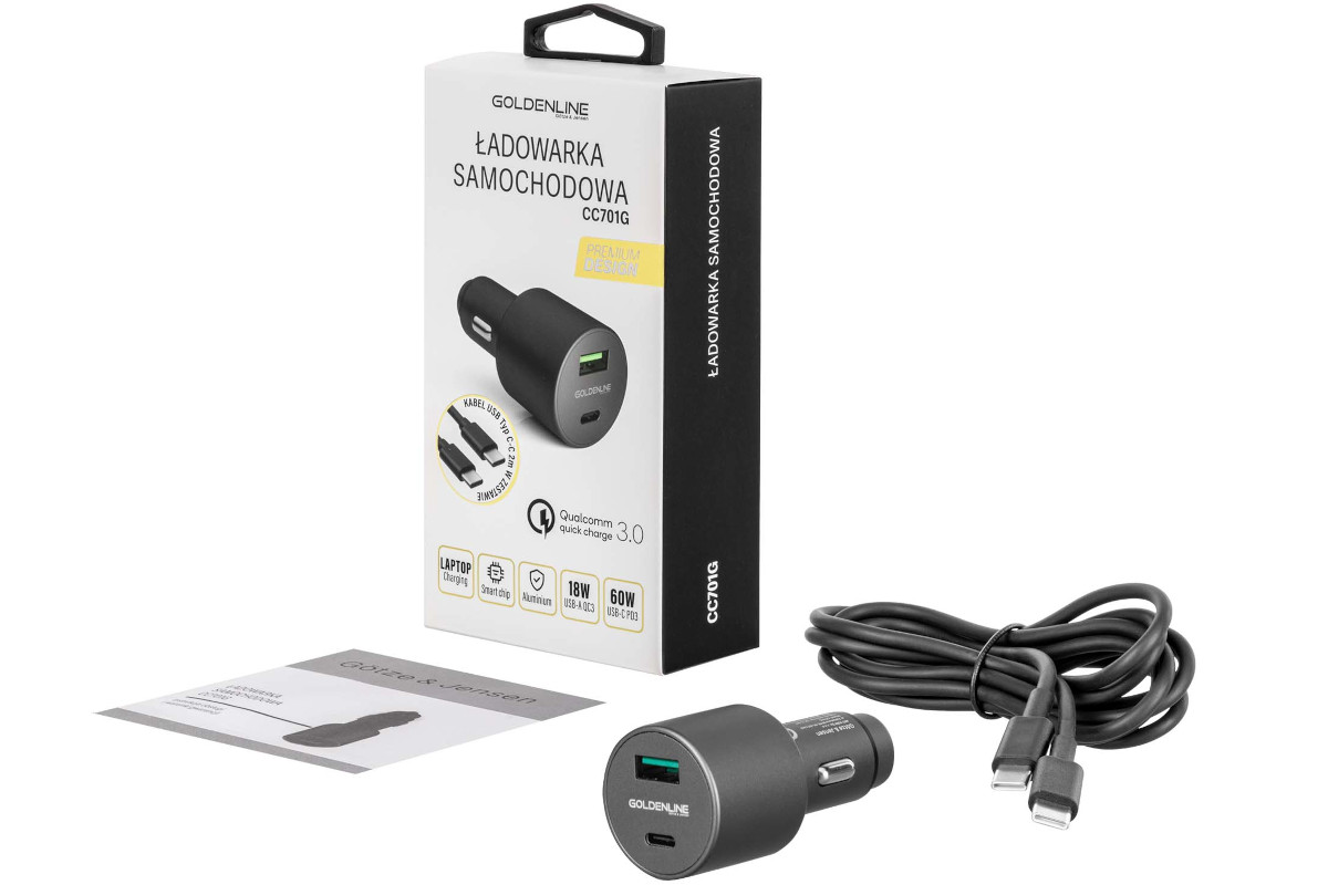 LADOWARKA SAMOCHODOWA GOLDEN LINE QC3 18W + PD3 60W CC701 + KABEL C-C 2M zawartosc opakowania