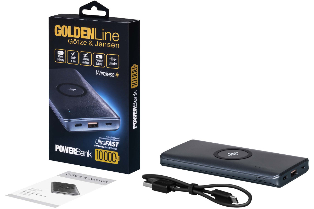 Powerbank indukcyjny GÖTZE & JENSEN Golden Line 10000 mAh Szary zawartosc opakowania