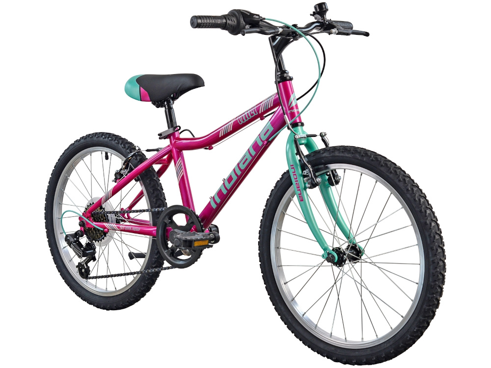 Rower dziecięcy INDIANA Mili 20 cali dla dziewczynki Fuksja w fuksjowym kolorze dla młodych bikerek ciekawy kształt kolorystyka wygodny bezpieczny dla dziewczynkek w wieku 6-8 lat