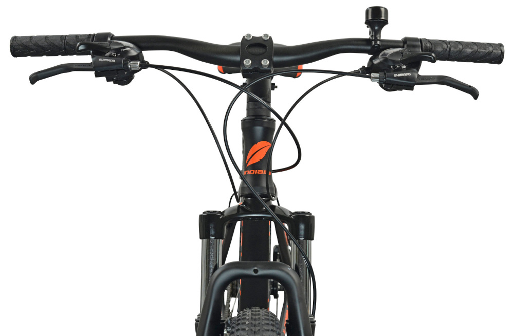 Rower gorski MTB INDIANA X-Enduro 2.7 M15 27.5 cala meski Czarno-pomarańczowy kierownica marki MODE aluminiowy wspornik manetki pokryte gumowym materiałem dzwonek