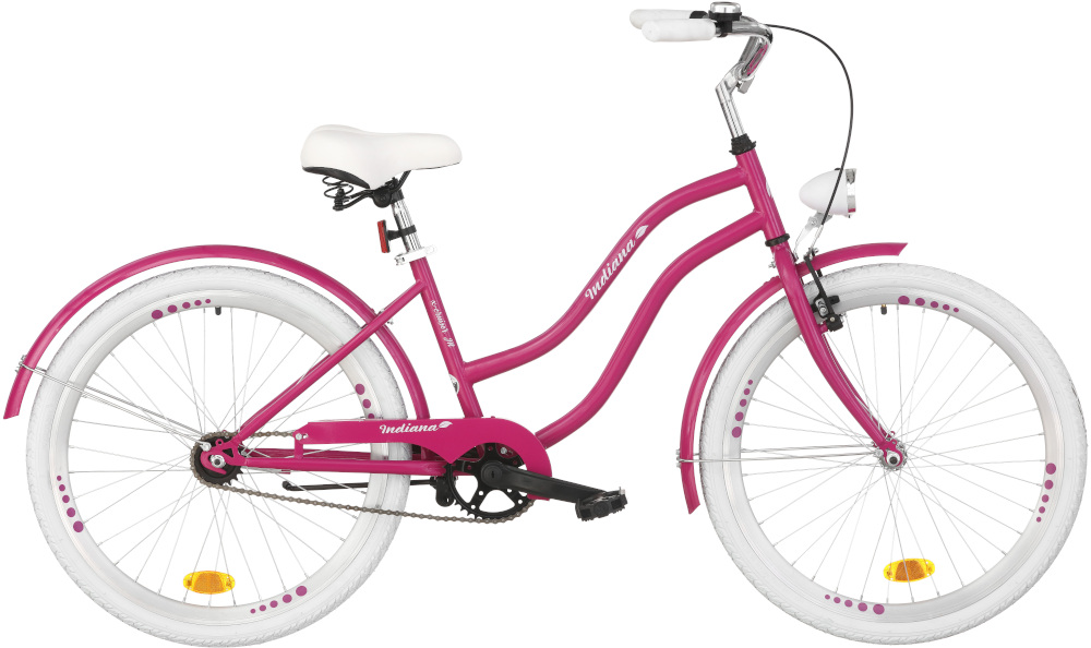 Rower młodzieżowy INDIANA X-Cruiser Jr 24 cale dla dziewczynki Fioletowy w fioletowym kolorze nowoczesna i praktyczna propozycja dla dziewczynek liczne elementy poprawiające komfort użytkowania oświetlenie na przód i tył osłona łańcucha stopka