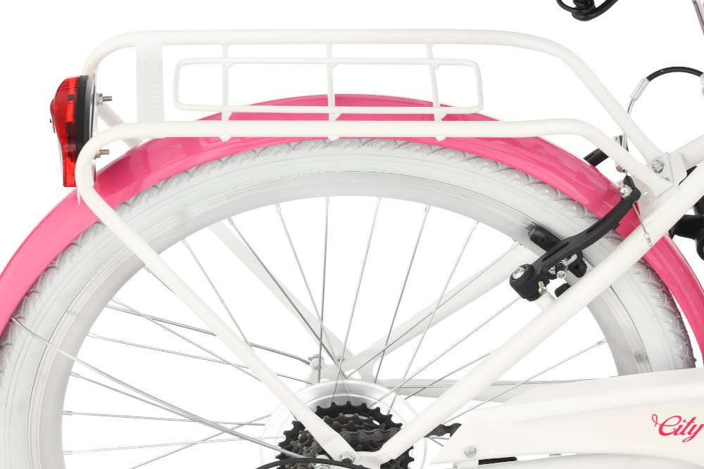 Rower młodzieżowy INDIANA Moena 24 cale dla dziewczynki Biało-różowy szerokie aluminiowe błotniki bagażnik