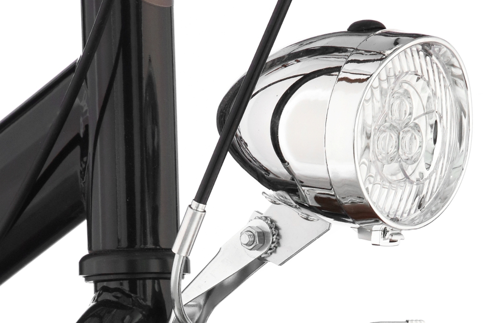 Rower miejski INDIANA Fortuna 7B 28 cali damski Czarny oświetlenie bateryjne LED retro design przedniej lampy pakiet odblasków bezpieczeństwo zgodnie z przepisami ruchu drogowego rowerzysta jest zobowiązany do posiadania sprawnego i skutecznego oświetlenia baterie dostępne osobno