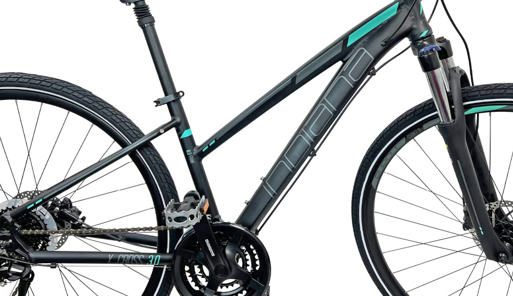 Rower crossowy INDIANA X-Cross 3.0 D15 damski Czarno-turkusowy rama 15-calowa aluminiowa rower zwinny lekki łatwo go podnieść odporny na korozję wybór rozmiaru ramy Twój wzrost mierzony w zrelaksowanej pozycji typ roweru dla osób o wzroście od 154 do 165 cm. 