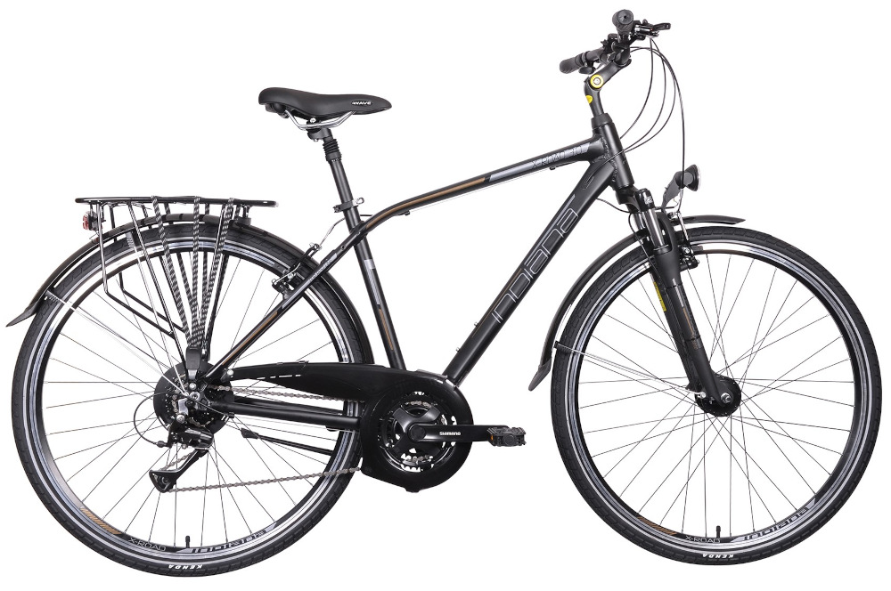 Rower trekkingowy INDIANA X-Road 3.0 M21 28 cali męski Czarno-brązowy rama aluminiowa 17-calowa zwinny lekki łatwo podnieść odporny na korozję w czarno-brązowym kolorze wybór rozmiaru ramy Twój wzrost mierzony w zrelaksowanej pozycji typ roweru dla osób o wzroście od 180 do 190 cm. 