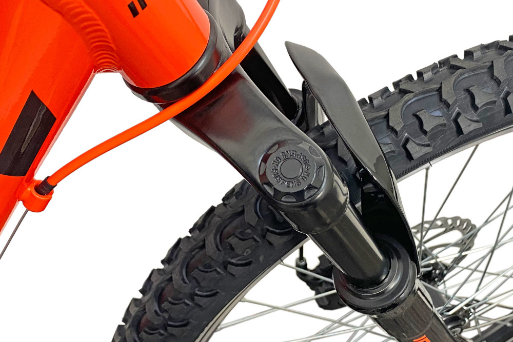 Rower młodzieżowy INDIANA Rock Jr 24 cale dla chłopca Pomarańczowo-czarny amortyzator przedni sprężynowy marki G.W. OEM Esperia ułatwia najeżdżanie na przeszkody niweluje wstrząsy na kierownicy