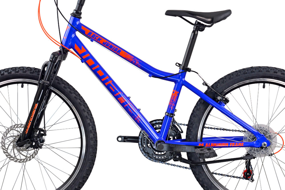 Rower młodzieżowy INDIANA Rock Jr 24 cale dla chłopca Niebiesko-pomarńczowy rama 13-calowa z aluminium z myślą o najmłodszych rowerzystach dostosowana do najmłodszych geometria roweru wybór rozmiaru ramy wzrost Twojego dziecka mierzony w zrelaksowanej pozycji typ roweru