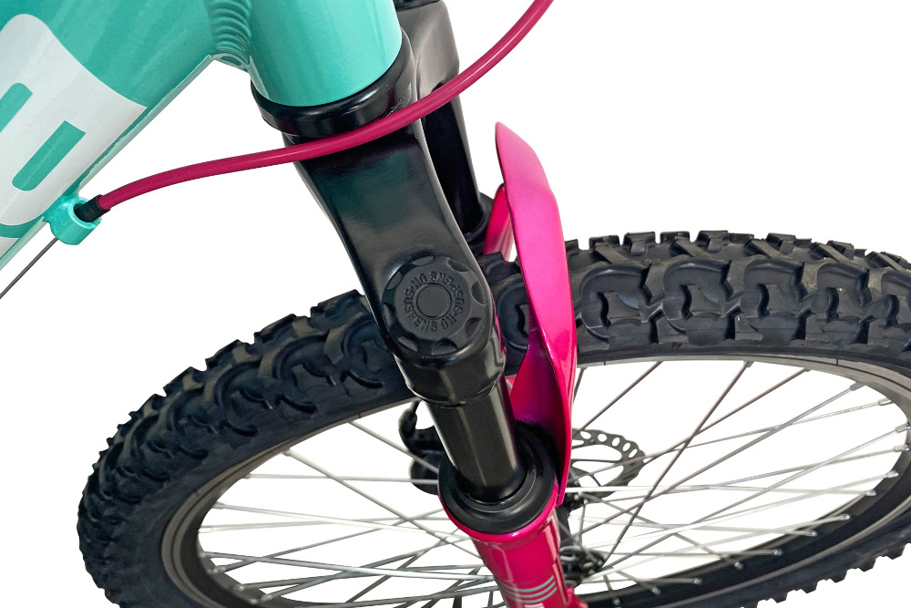 Rower młodzieżowy INDIANA Roxy Jr 24 cale dla dziewczynki Różowo-miętowy amortyzator przedni sprężynowy mrki G.W. OEM Esperia ułatwia najeżdżanie na przeszkody niweluje wstrząsy na kierownicy