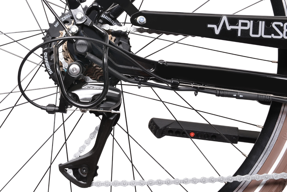 Rower elektryczny Pulse M22 28 cali męski Czarny manetki SHIMANO SL-TX50 7 biegów przerzutka tylna SHIMANO Acera do rekreacyjnej jazdy na rowerze na niewymagającej nawierzchni duża wytrzymałość sprawne działanie zmiana biegów płynna bezproblemowa