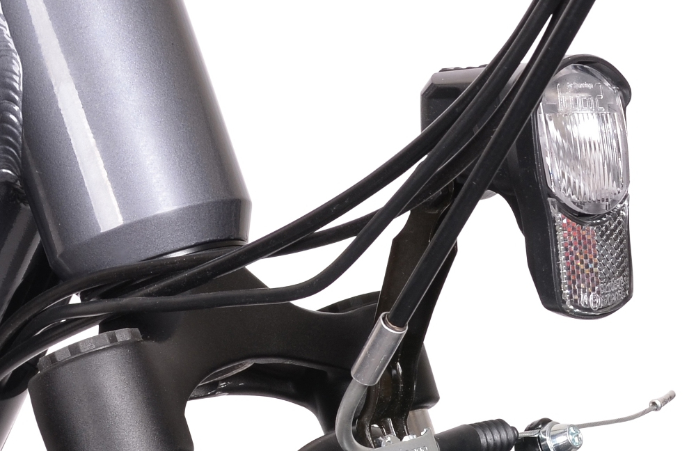 Rower elektryczny INDIANA E-Motive D18 28 cali damski Szary oświetlenie roweru przednie tylne oświetlenie LED doskonała widoczność bezpieczeństwo na drodze wymagane przez prawo drogowe