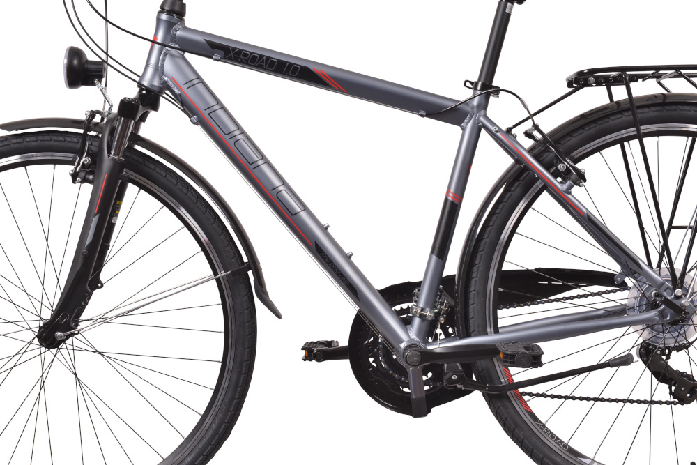 Rower trekkingowy INDIANA X-Road 1.0 M21 28 cali męski Szary rama aluminiowa 21-calowa lekka odporna na korozję w kolorze Szarym wybór rozmiaru ramy Twój wzrost mierzony w zrelaksowanej pozycji typ roweru dla osób o wzroście od 180 do 190 cm. 