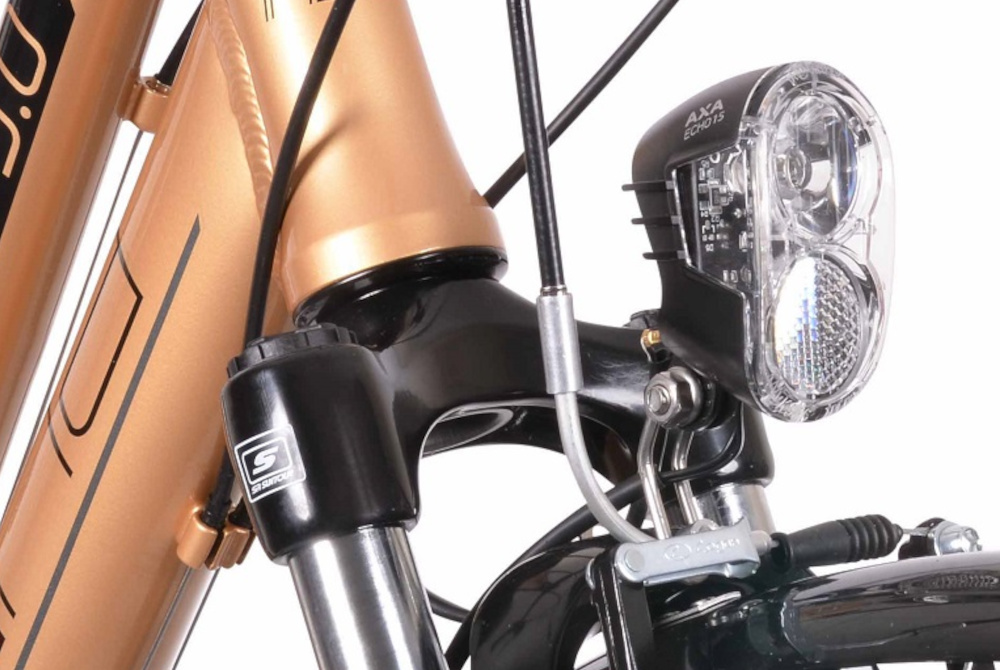 Rower trekkingowy INDIANA X-Road 3.0 D17 28 cali damski Czarno-brązowy bezpieczenstwo oswietlenie roweru przednie i tylne oswietlenie LED wymagane przez prawo drogowe