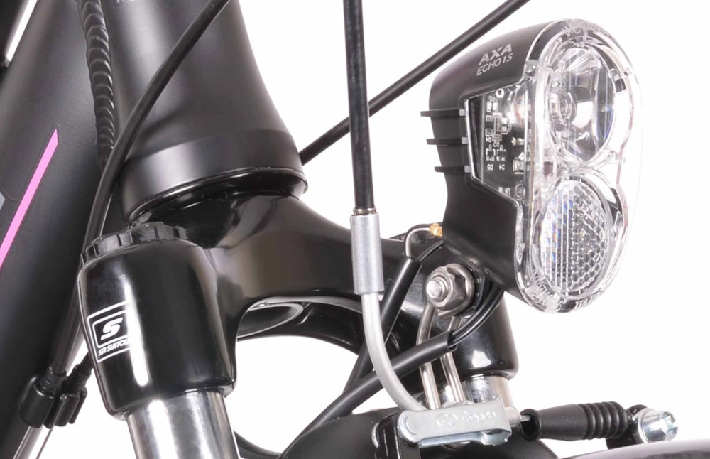 Rower trekkingowy INDIANA X-Road 3.0 D15 28 cali damski Czarno-fioletowy bezpieczenstwo oswietlenie roweru przednie i tylne oswietlenie LED wymagane przez prawo drogowe