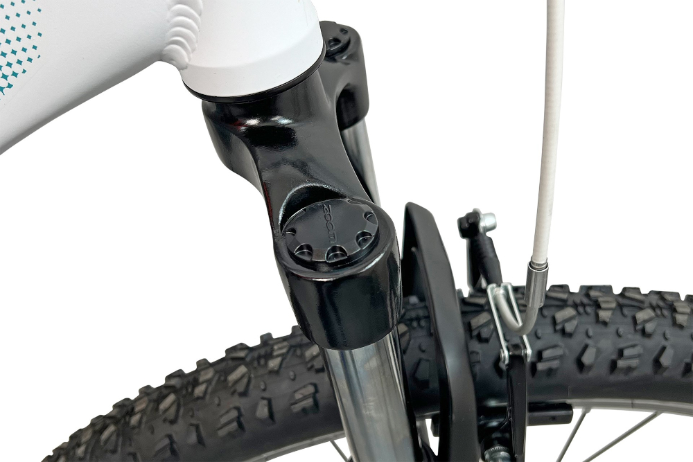 Rower górski MTB INDIANA X-Pulser 1.7 D19 27.5 cala damski Biało-niebieski rower typu hardtail przedni amortyzator marki ZOOM typ CH-389 27.5 1 1/8 ulatwia najezadzanie na przeszkody niweluje wstrzasy niska masa roweru duza sztywnosc regulacja za pomoca sprezyny i elastomeru