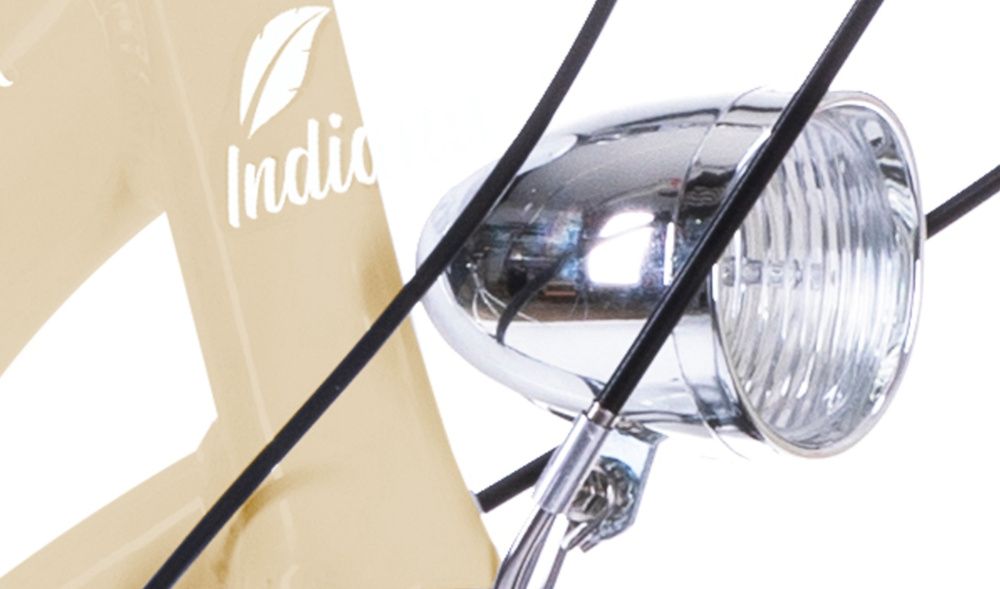 Rower miejski INDIANA Moena A7ZP 28 cali damski Cappuccino oswietlenie roweru przednie tylne oswietlenie doskonala widocznosc bezpieczenstwo na drodze zasilane bateriamii wymagane przez prawo drogowe
