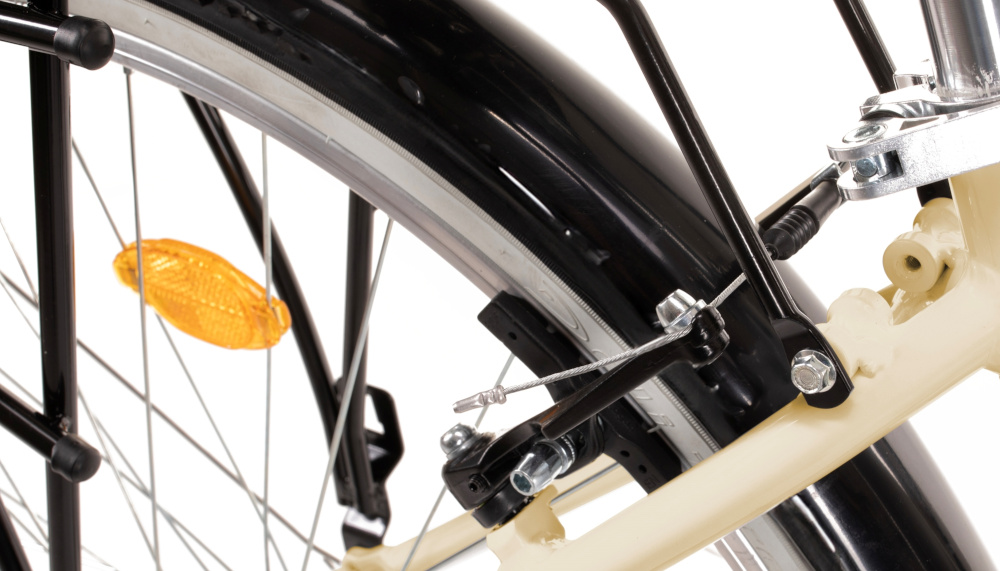 Rower miejski INDIANA Moena A7ZP 28 cali damski Cappuccino podstawa bezpieczenstwa kazdego rowerzysty przednie i tylne hamulce V-Brake lekkie duza sila hamowania odblaski lepiej widoczny na drodze bezpieczniejszy